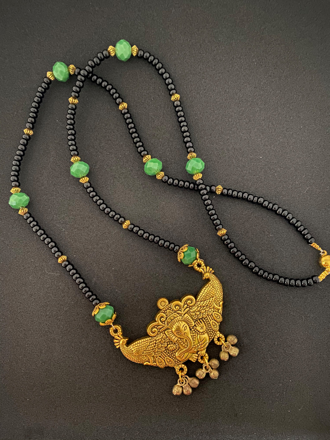 Kṛṣṇaḥ - Black Beads with Green Beads & Ganesh Pendant