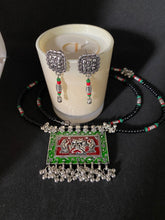 Load image into Gallery viewer, Kṛṣṇaḥ - Black Beads with ,Green and Red beads &amp; Pendant
