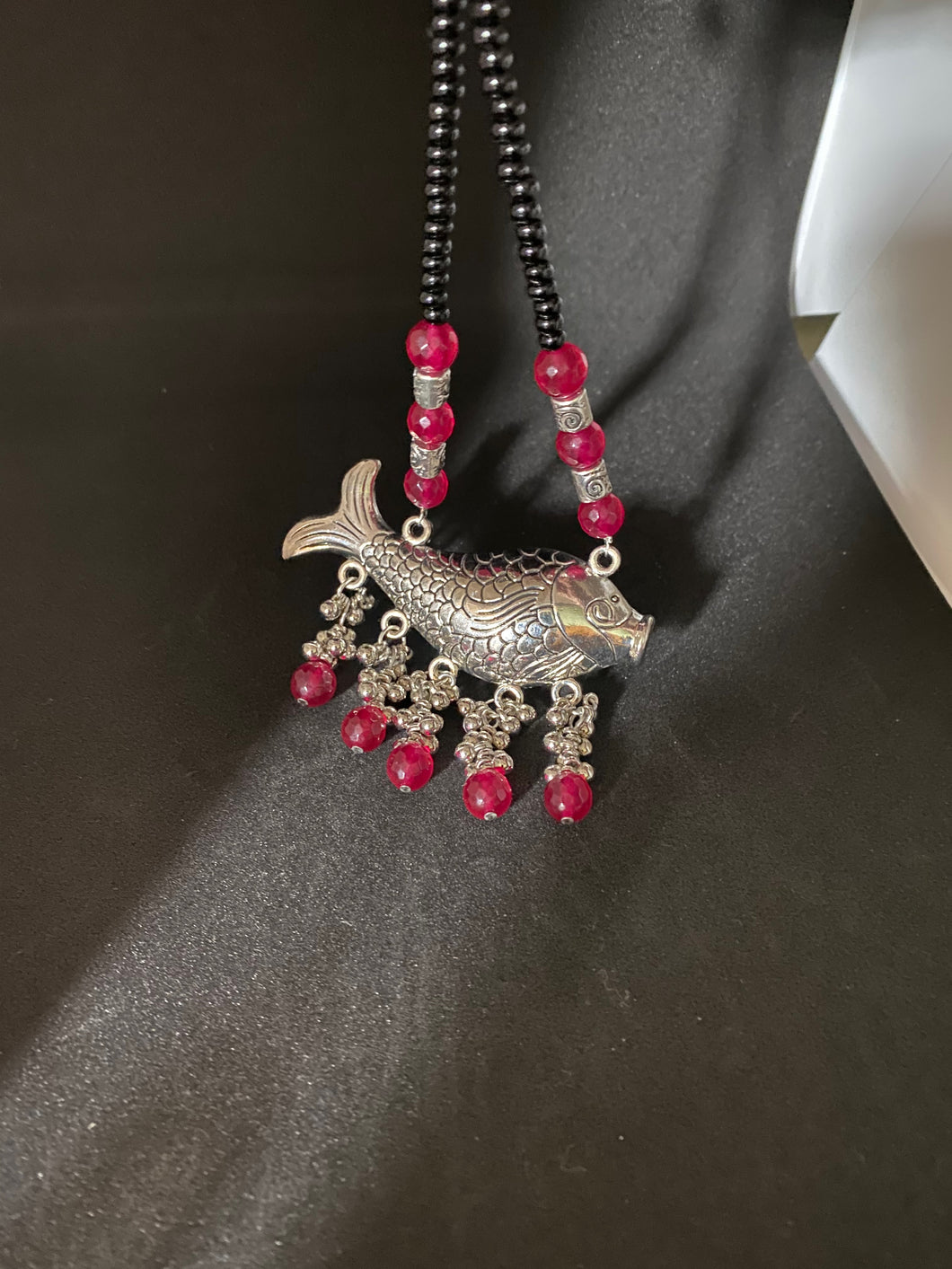 Kṛṣṇaḥ - Black Beads with Pink beads & Fish Pendant