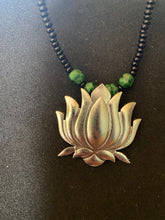 Load image into Gallery viewer, Kṛṣṇaḥ - Black Beads  with Green Bead &amp; Lotus Pendant
